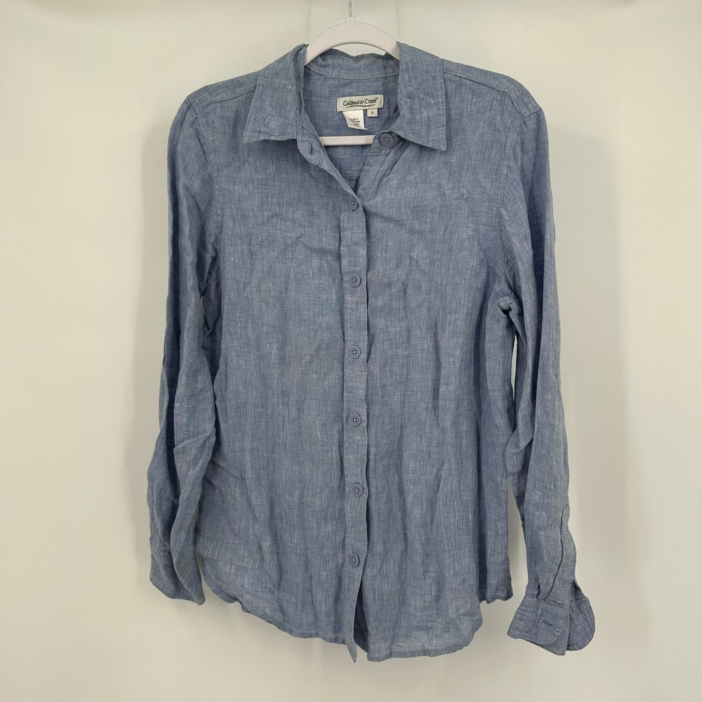 Coldwater Creek Womens Coastal Linen Top Size S Minimalist Summer Nautical Blue